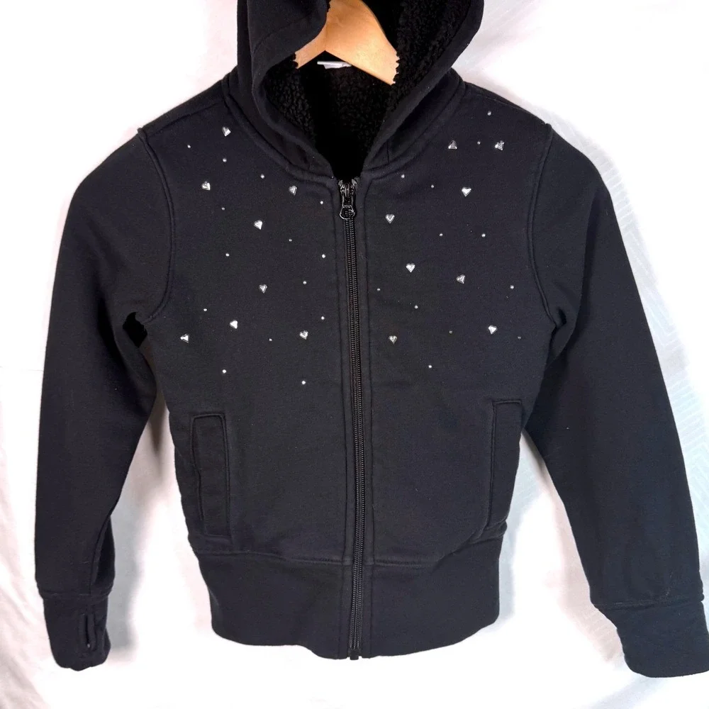 Kids Sparkle Black Zip Up‎ Hoodie Silver Rhinestone Heart Size S6-7